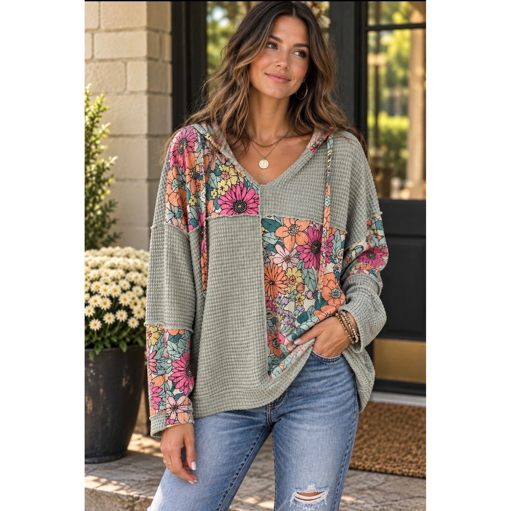 BiBi Sage Floral Patchwork Waffle Knit Hoodie Boho Long Sleeve Top